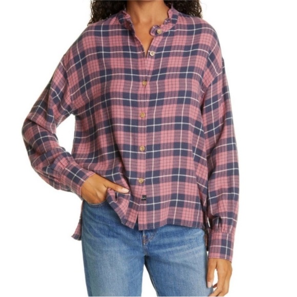 Rails Tops - Rails Andie Button Down Shirt In Rose Indigo‎ Plaid Ruffle Collar Casual XS